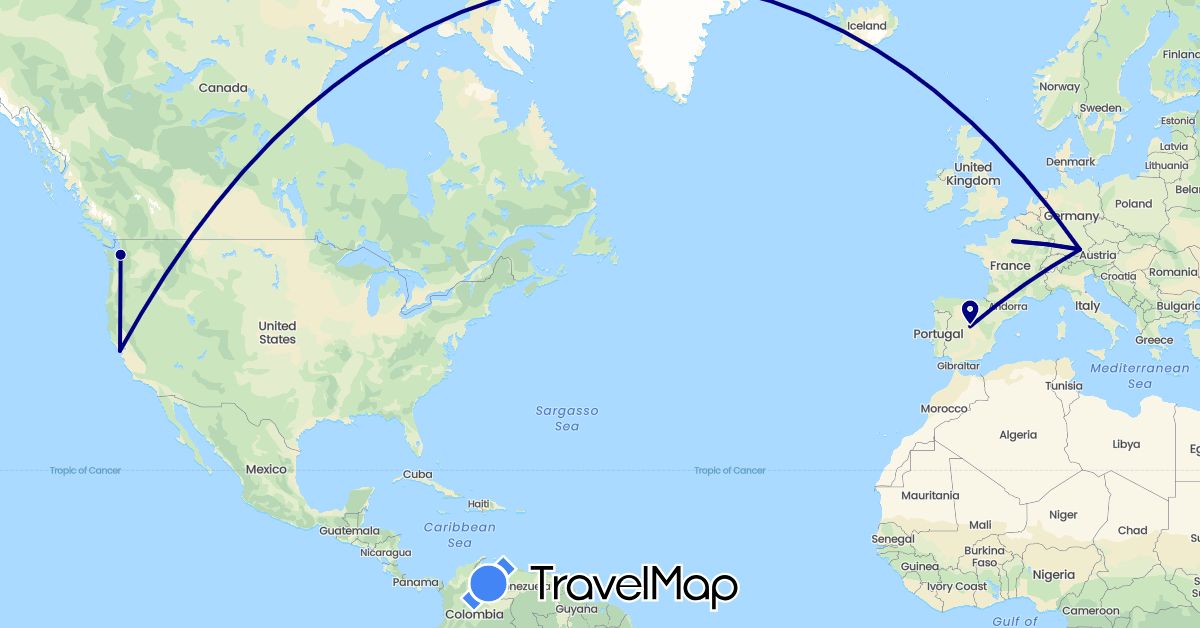 TravelMap itinerary: driving in Germany, Spain, France, United States (Europe, North America)